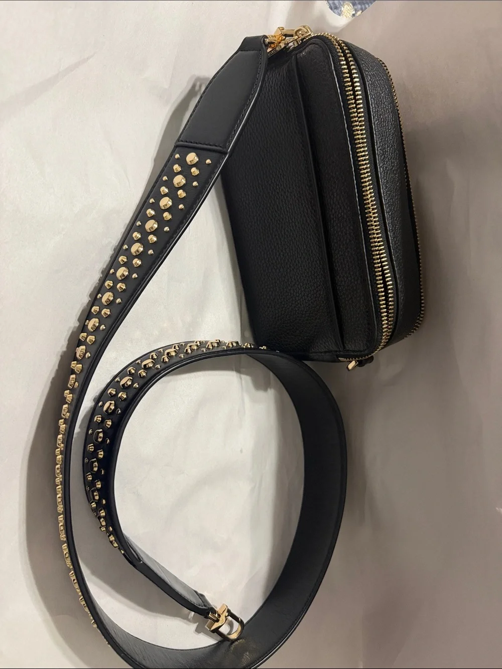 Michael Kors Black Pebbled Leather Crossbody Camera Bag with Gold Stud Strap